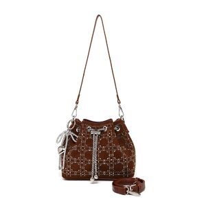 1572 Black Crystal Embellished Plaid Drawstring Bucket Bag with Adjustable